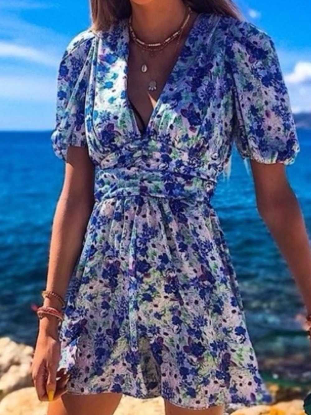Zara Floral Draped Romper NWT Puff Sleeve Blue White Shorts Romper Size M